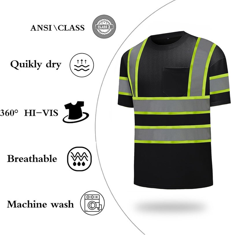 DPSAFETY High Visibility Shirts Quick Dry Safety T Shirts with Reflective Strips and Pocket Short Sleeve Mesh Hi Vis Construction Work Class 2 Shirt for Men/Women Black,3XL - Image 3